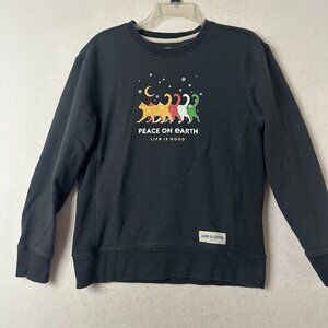 Life Is Good sweatshirt Womens Size S Black‎ Cats snow Peace on Earth holiday